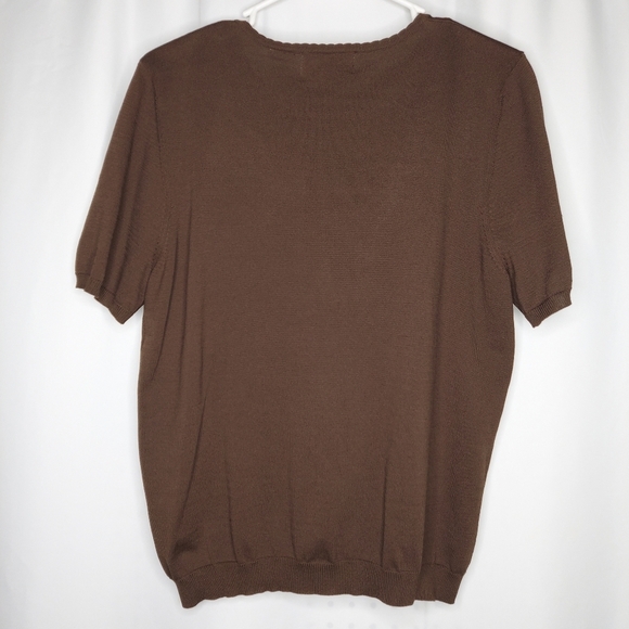 Vtg Embroidered Sweater Medium Floral Short Sleeve Brown Teal Nylon Stretch Knit - Picture 3 of 4